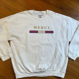 Popular Girl white Merci‎ French graphic crew sweatshirt SIZE XL